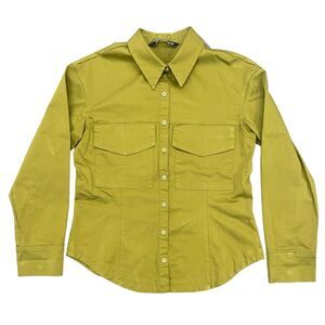 Zara Green Button Up Long Sleeve Structured Shirt Jacket Front Pockets Sz Small